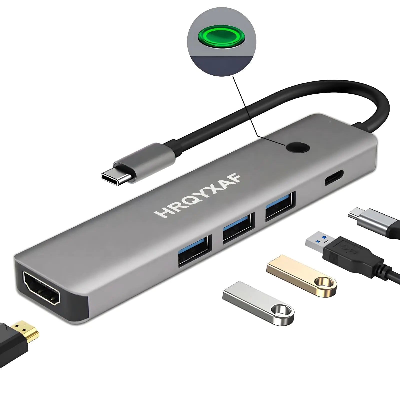 5 in 1 USB C Hub Multifunctional Docking Station HDMI Adapter Equipped with 1 Screen on/Off Button 1 HDMI Port PD 100W Power 3 USB3.0 Ports USB c to hdmi hub for laptops Other C Devices