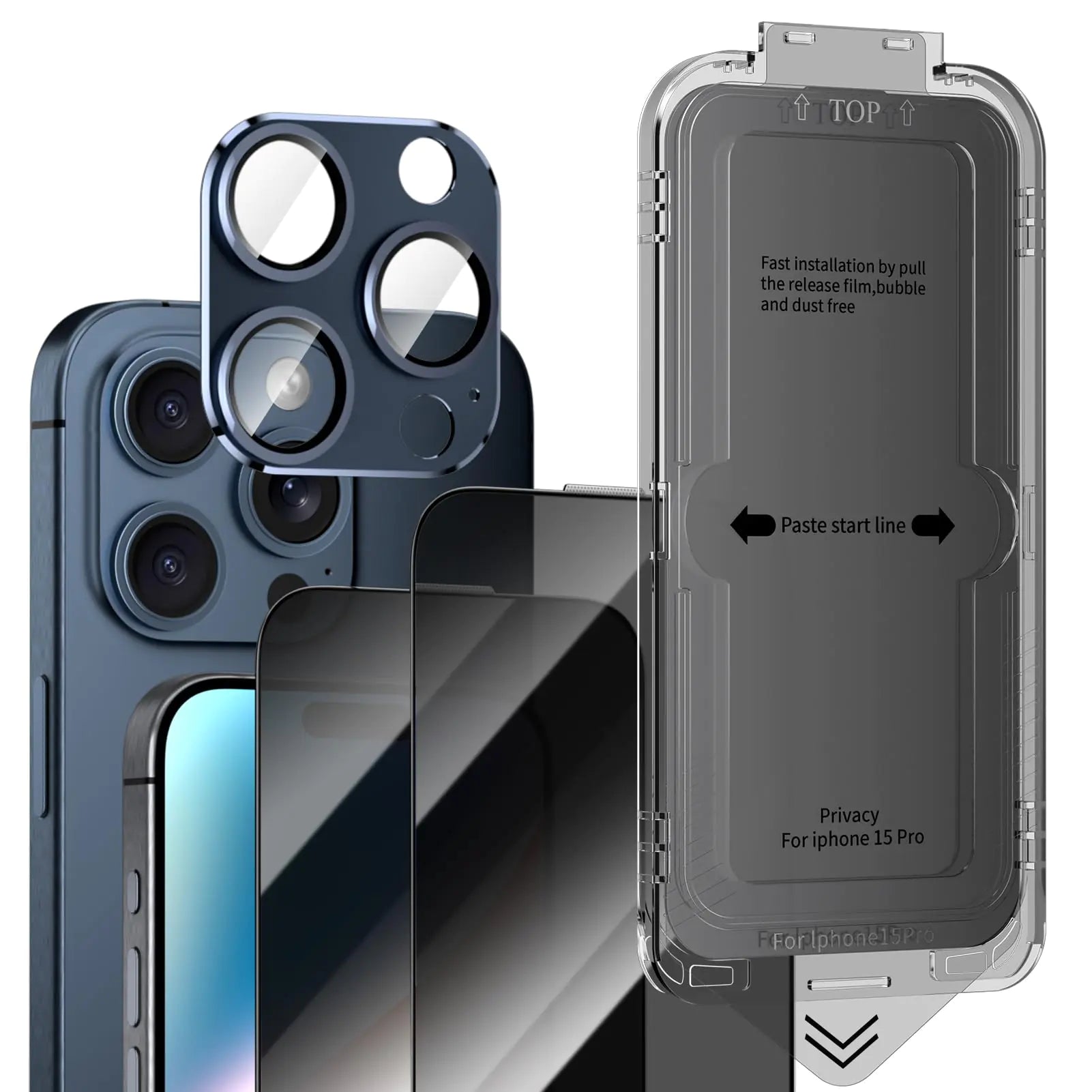 Flaviao Upgraded 9H Tempered Glass Privacy Screen Protector for iPhone 15 Pro [6.1 inch 2Pack ] + 1 Pack Camera Lens Protector [Metal] Anti-Spy Tempered-Glass Screen Protector Case Friendly